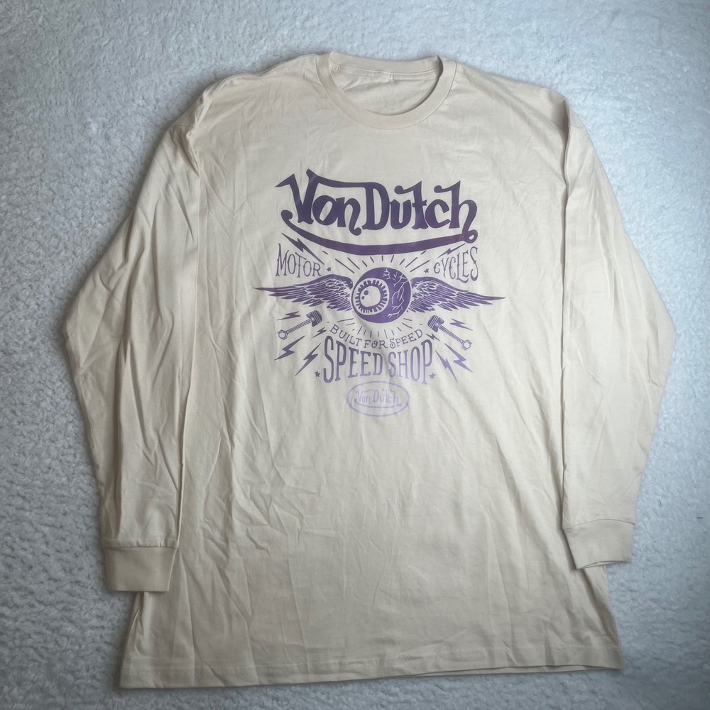 Von Dutch Speed Shop Motor Cycles Graphic Long Sleeve Shirt Cream 2XL 1401